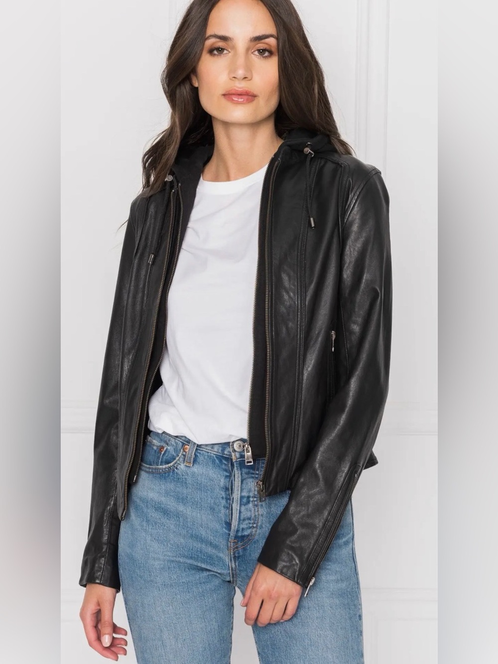 Lamarque Arlette Leather Biker Jacket with Hood Womens Size Medium NEW With Tags